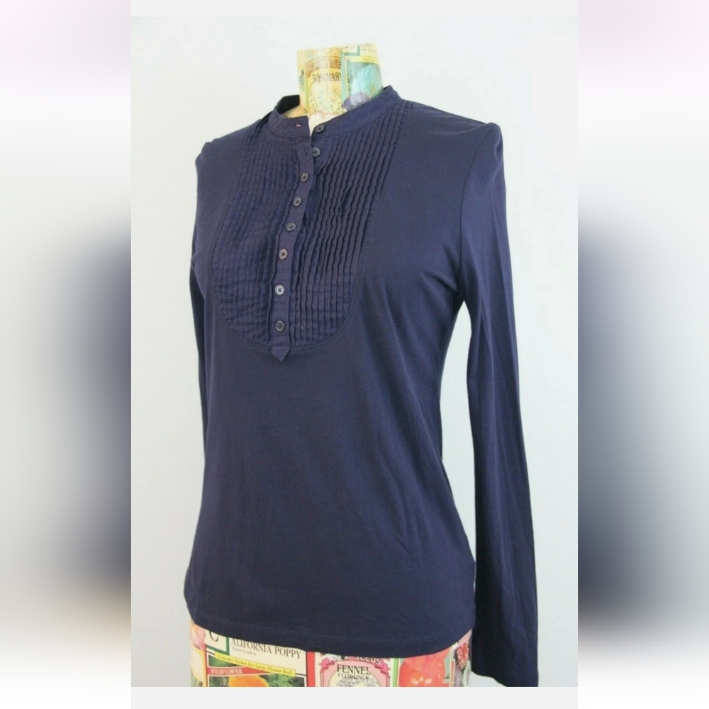 Talbots Navy Long-Sleeve Pintuck Henley Top - Picture 2 of 7